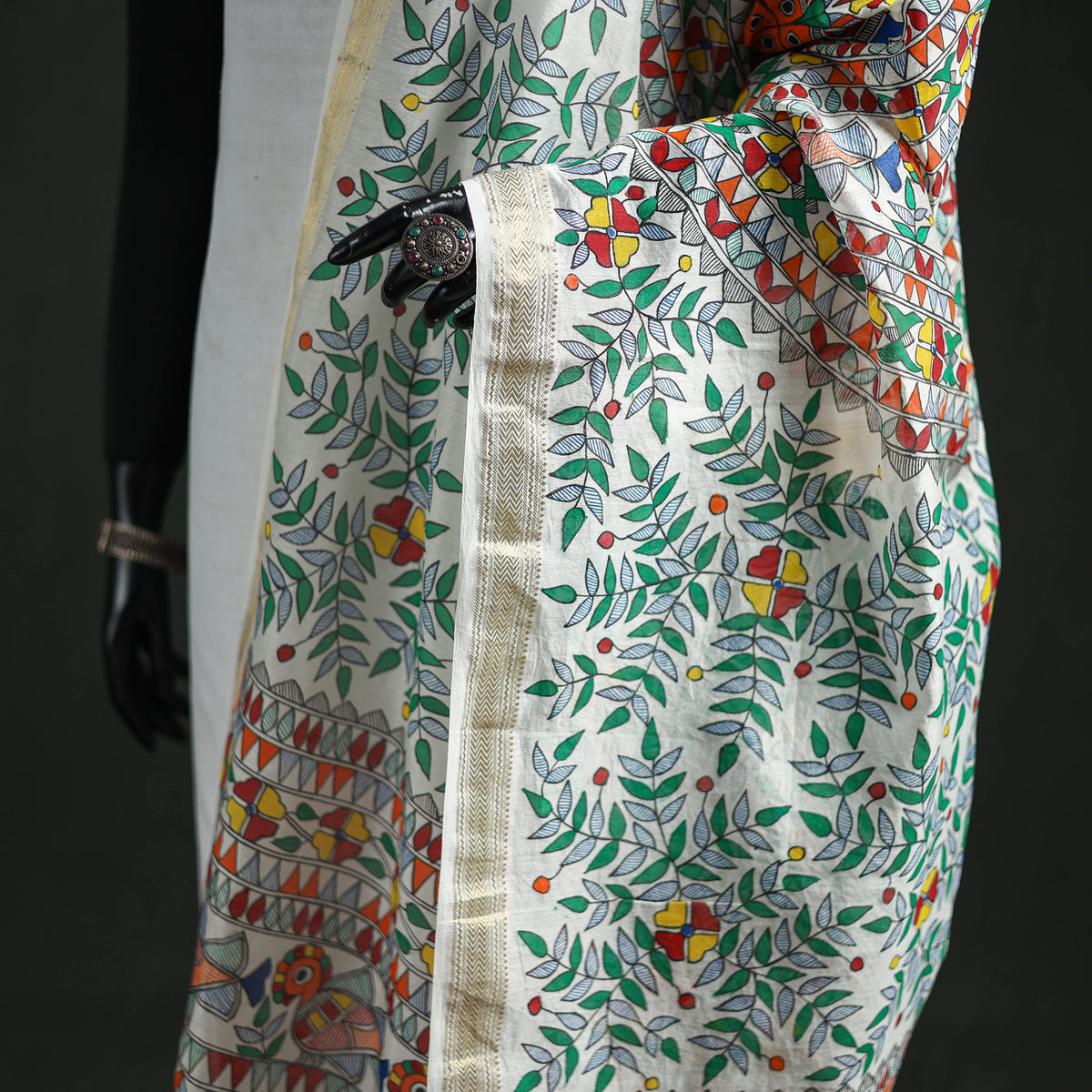 Handloom Chanderi Silk Handpainted Madhubani Dupatta with Zari Border 57