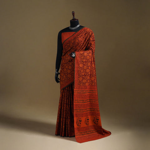 Red - Gamthi Hand Block Print Pure Mul Cotton Saree with Blouse Piece 01