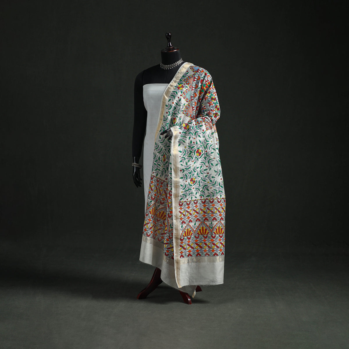 Handloom Chanderi Silk Handpainted Madhubani Dupatta with Zari Border 58