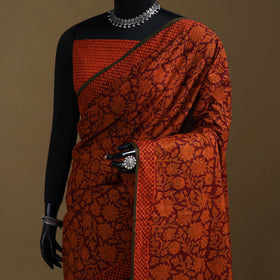 Red - Gamthi Hand Block Print Pure Mul Cotton Saree with Blouse Piece 01