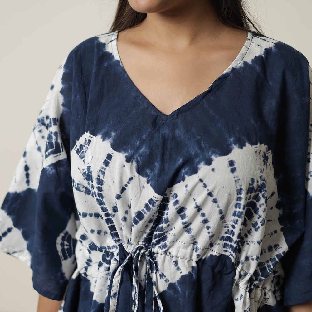 Blue - Shibori Tie-Dye Cotton Kaftan & Pyjama Night Suit Set