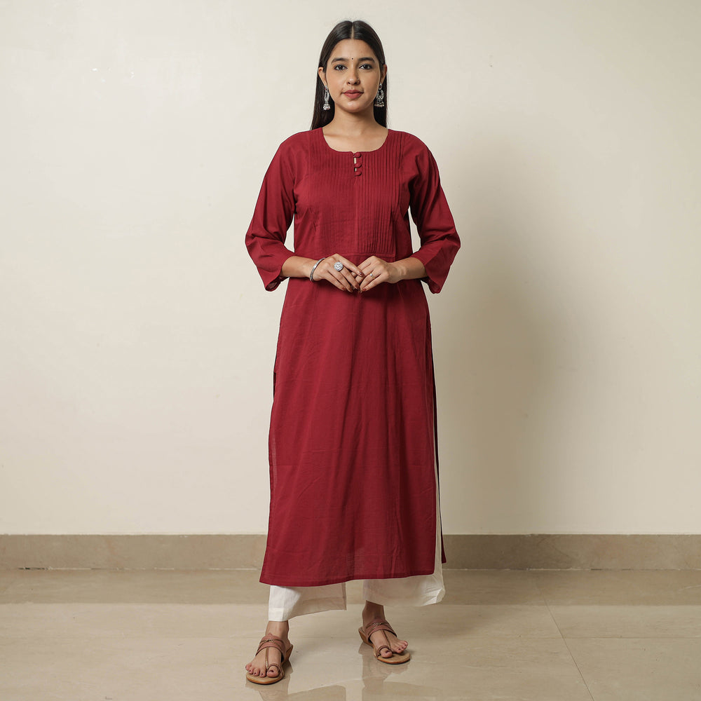 Maroon - Plain Cotton Pintuck Long Kurta 27