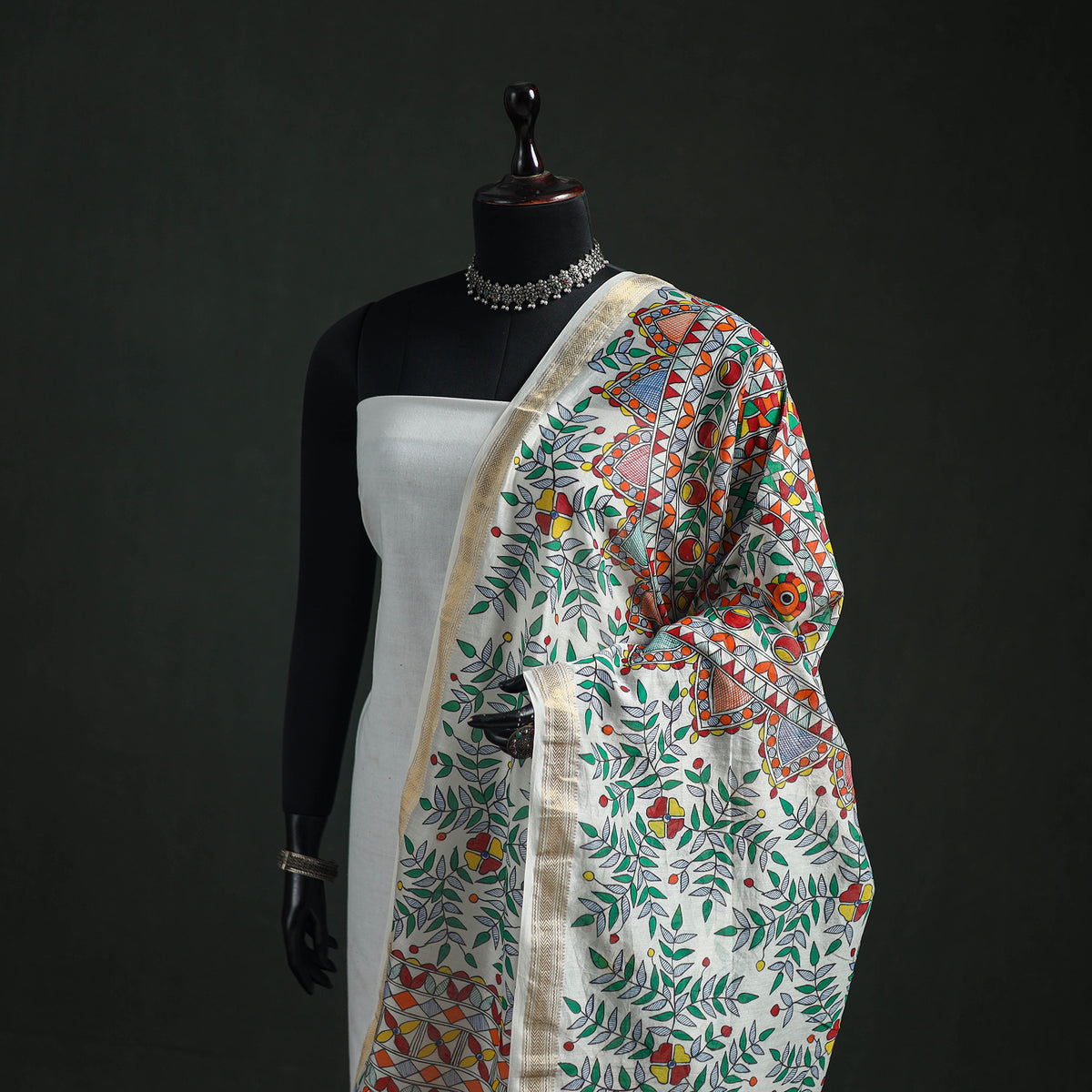 Handloom Chanderi Silk Handpainted Madhubani Dupatta with Zari Border 58