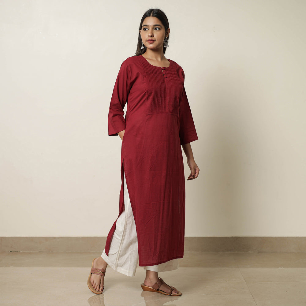 Maroon - Plain Cotton Pintuck Long Kurta 27