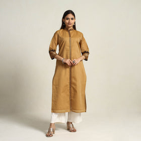 Thread Border Cotton Straight Brown Kanchipuram Kurta for Women