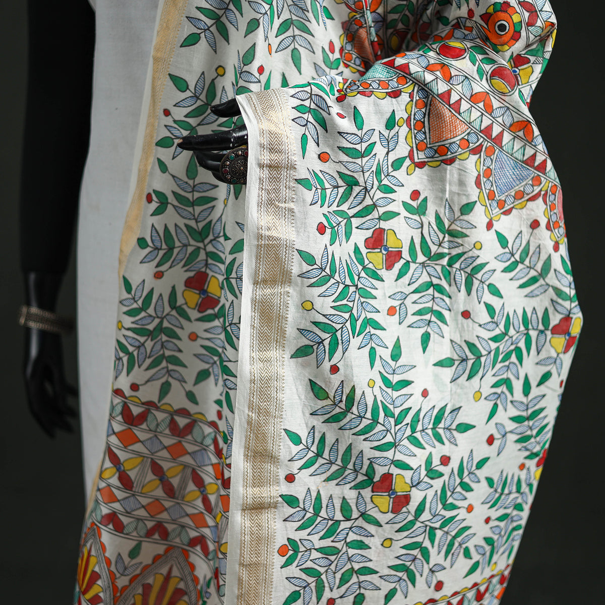 Handloom Chanderi Silk Handpainted Madhubani Dupatta with Zari Border 58