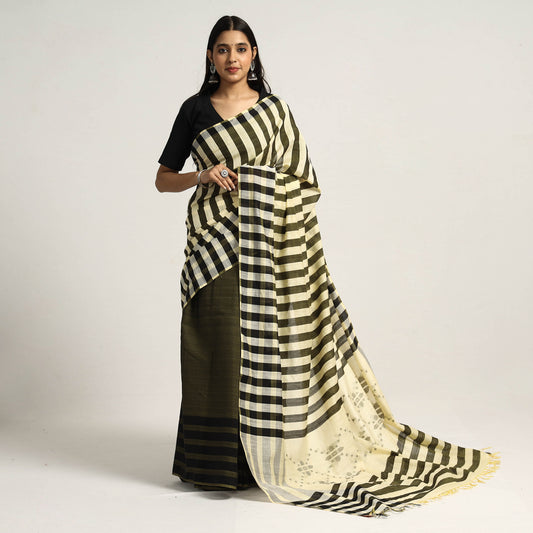 Brown - Black & Light Yellow Mulberry Silk Saree with Plain Olive Green Body