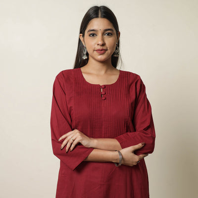 Maroon - Plain Cotton Pintuck Long Kurta 27