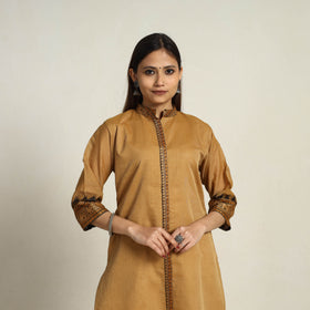 Thread Border Cotton Straight Brown Kanchipuram Kurta for Women