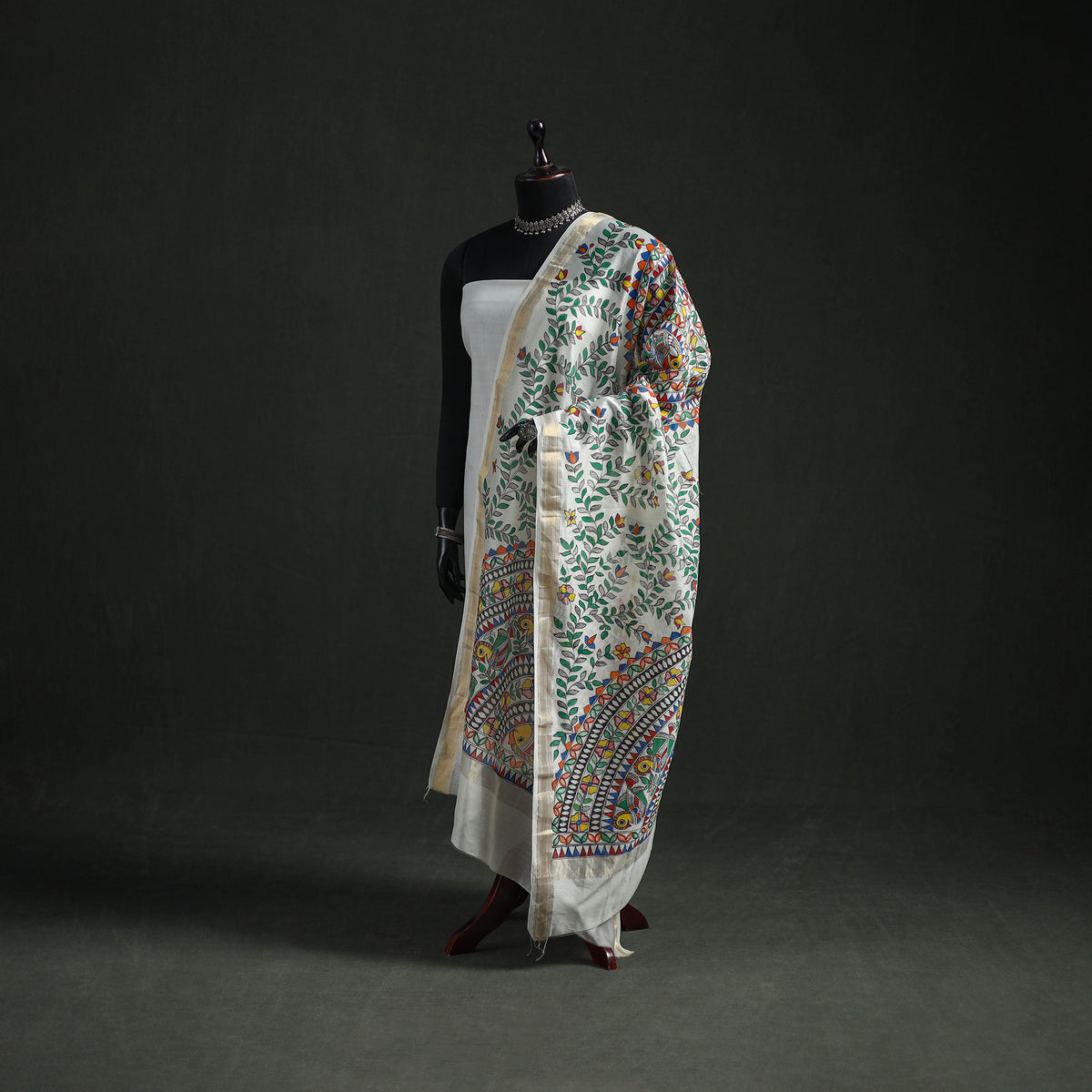 Handloom Chanderi Silk Handpainted Madhubani Dupatta with Zari Border 59