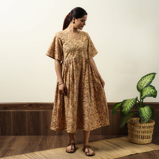 Beige - Kalamkari Block Printed Cotton Flared Gher Dress 06