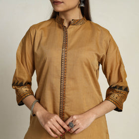 Thread Border Cotton Straight Brown Kanchipuram Kurta for Women