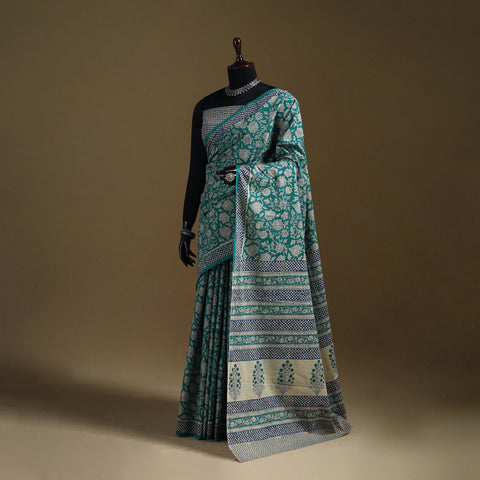 Green - Gamthi Hand Block Print Pure Mul Cotton Saree with Blouse Piece 02