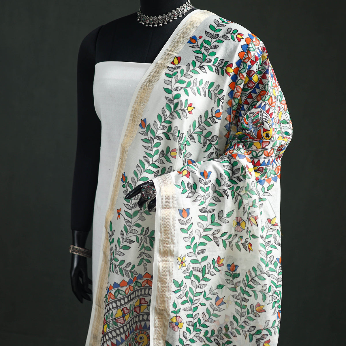 Handloom Chanderi Silk Handpainted Madhubani Dupatta with Zari Border 59