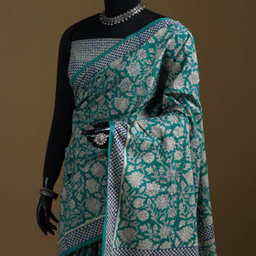 Green - Gamthi Hand Block Print Pure Mul Cotton Saree with Blouse Piece 02