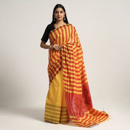 Yellow & Red Mulberry Silk Saree with Yellow Stripes on Pallu with Double Jaal Pattern