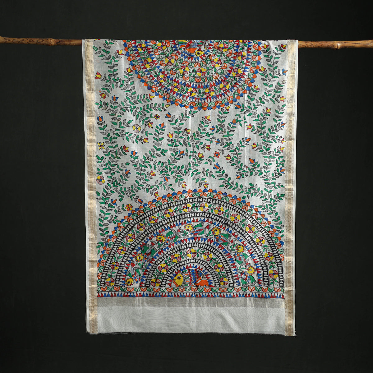 Handloom Chanderi Silk Handpainted Madhubani Dupatta with Zari Border 59