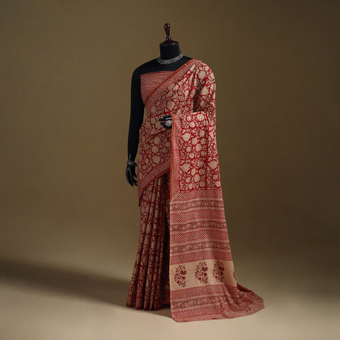 Red - Gamthi Hand Block Print Pure Mul Cotton Saree with Blouse Piece 03