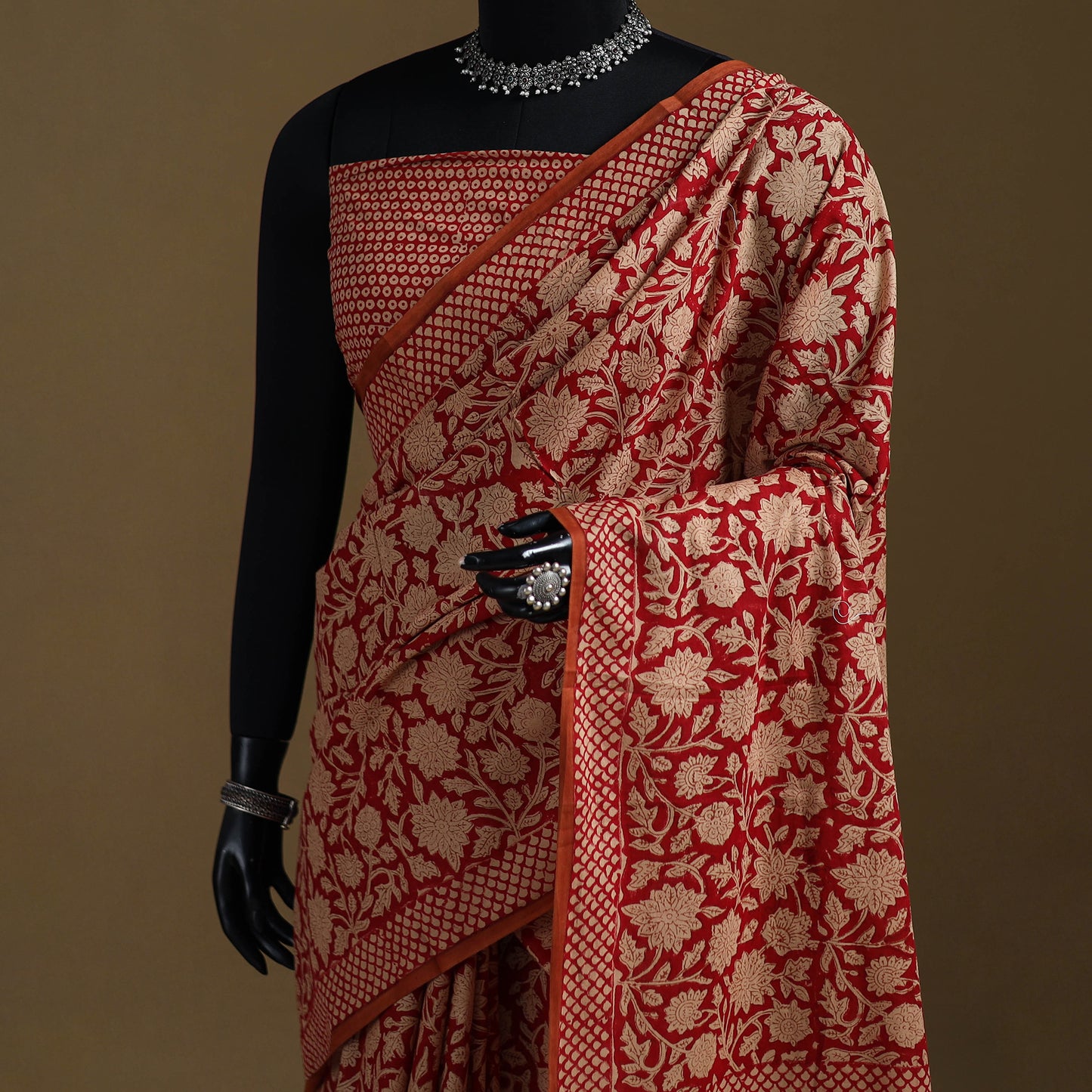 Red - Gamthi Hand Block Print Pure Mul Cotton Saree with Blouse Piece 03