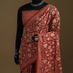Red - Gamthi Hand Block Print Pure Mul Cotton Saree with Blouse Piece 03