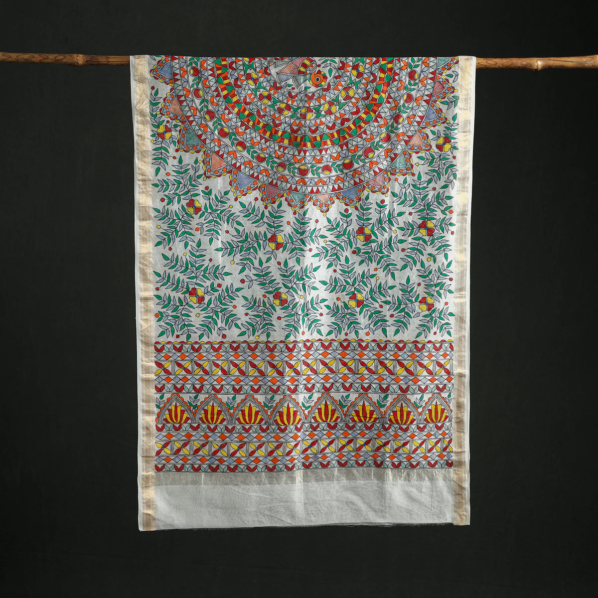 Handloom Chanderi Silk Handpainted Madhubani Dupatta with Zari Border 58