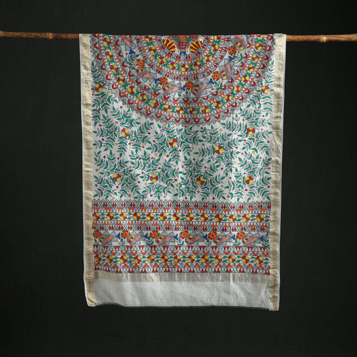 Handloom Chanderi Silk Handpainted Madhubani Dupatta with Zari Border 57