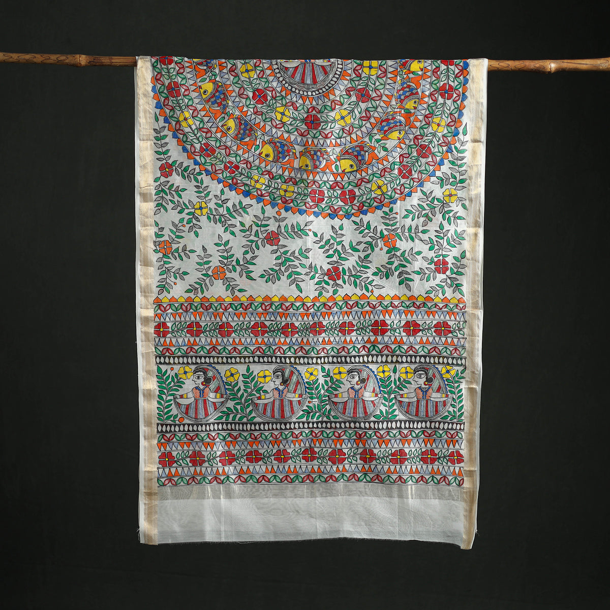 Handloom Chanderi Silk Handpainted Madhubani Dupatta with Zari Border 56