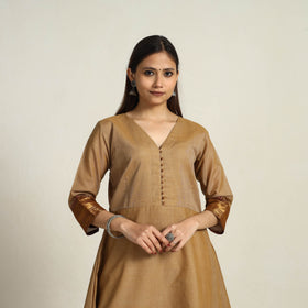 Zari Border Cotton A-Line Camel Brown Kanchipuram Kurta for Women