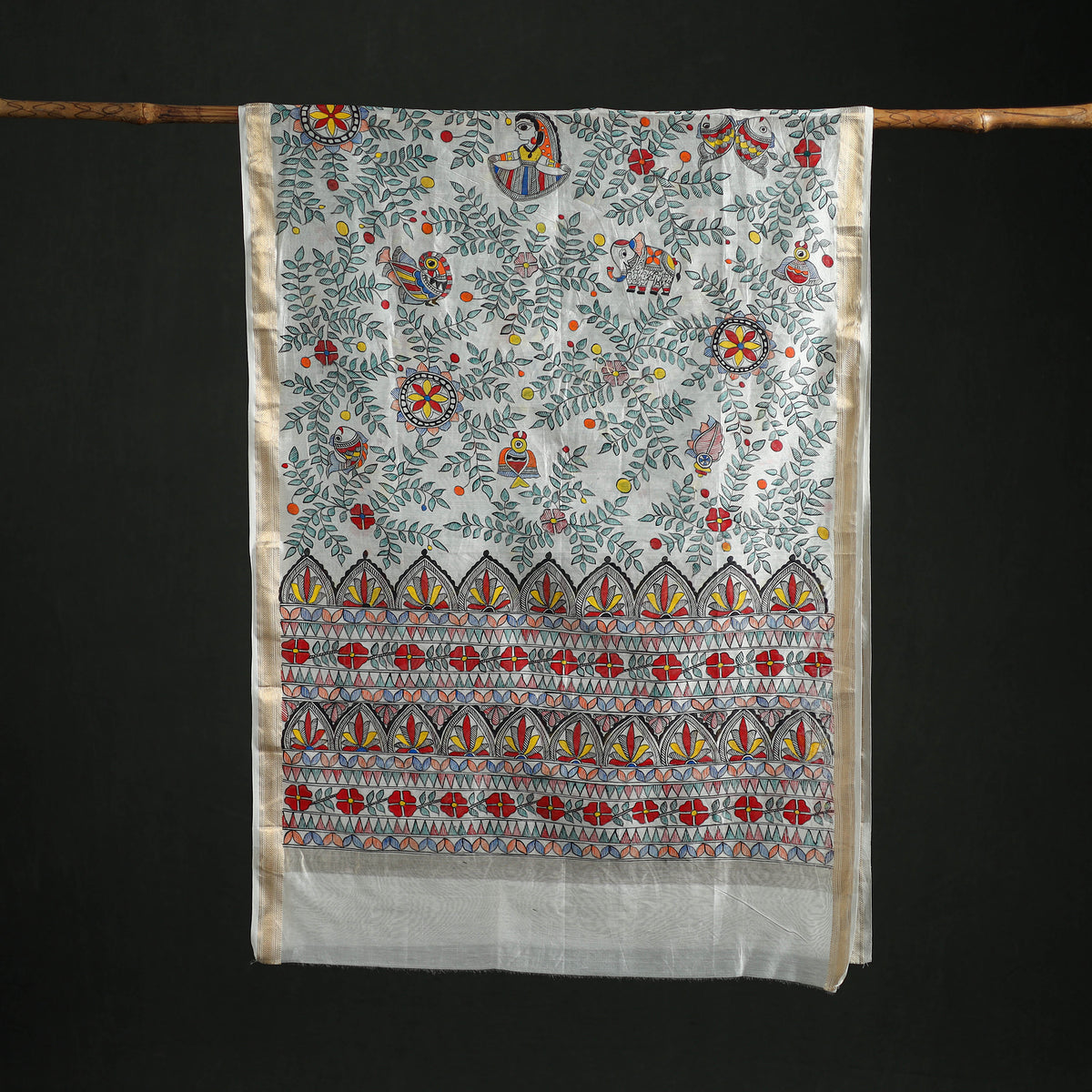 Handloom Chanderi Silk Handpainted Madhubani Dupatta with Zari Border 55