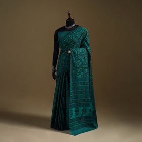 Green - Gamthi Hand Block Print Pure Mul Cotton Saree with Blouse Piece 04