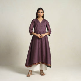 Mauve Purple Thread Border Cotton A-Line Kanchipuram Kurta for Women