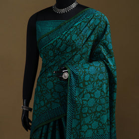Green - Gamthi Hand Block Print Pure Mul Cotton Saree with Blouse Piece 04