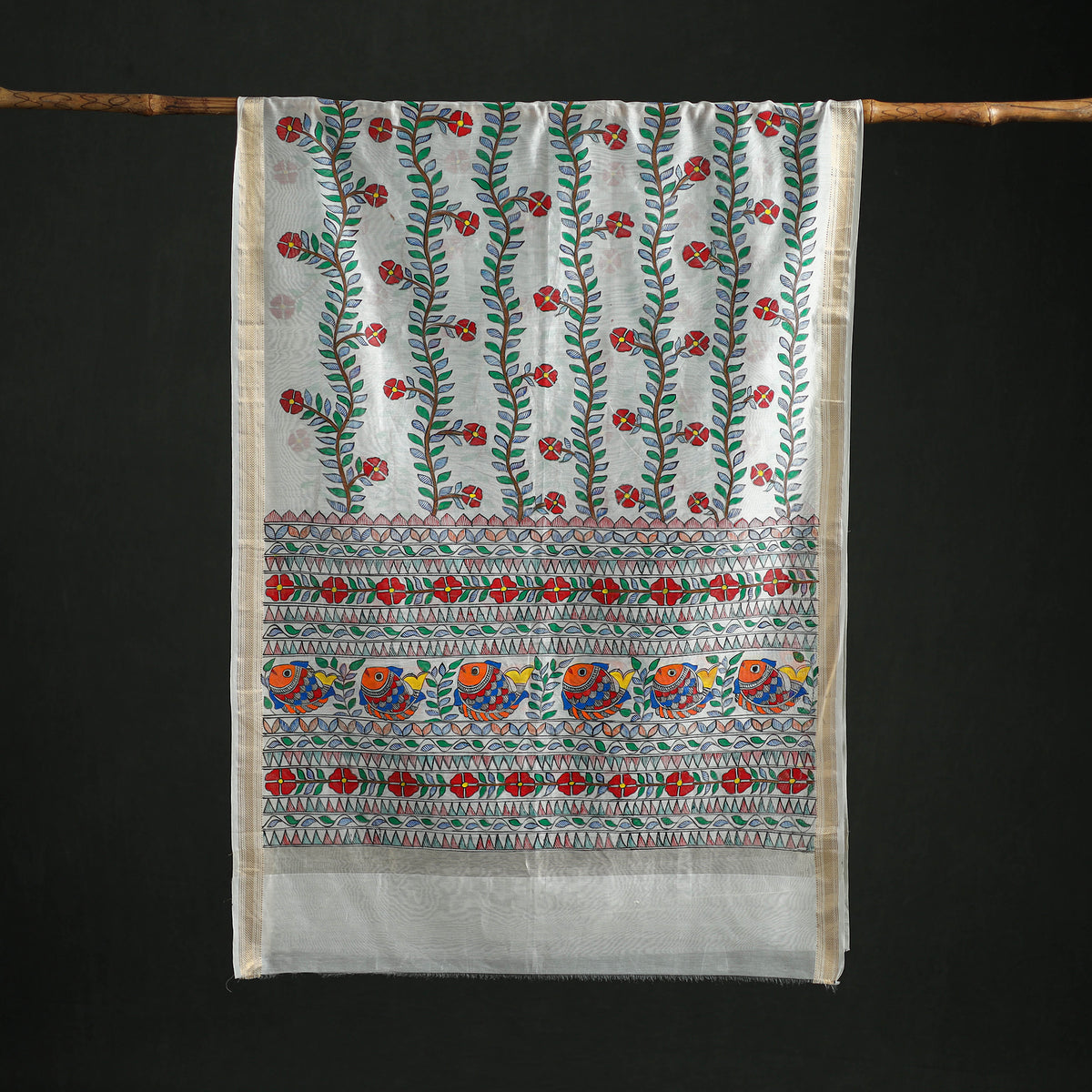 Handloom Chanderi Silk Handpainted Madhubani Dupatta with Zari Border 53