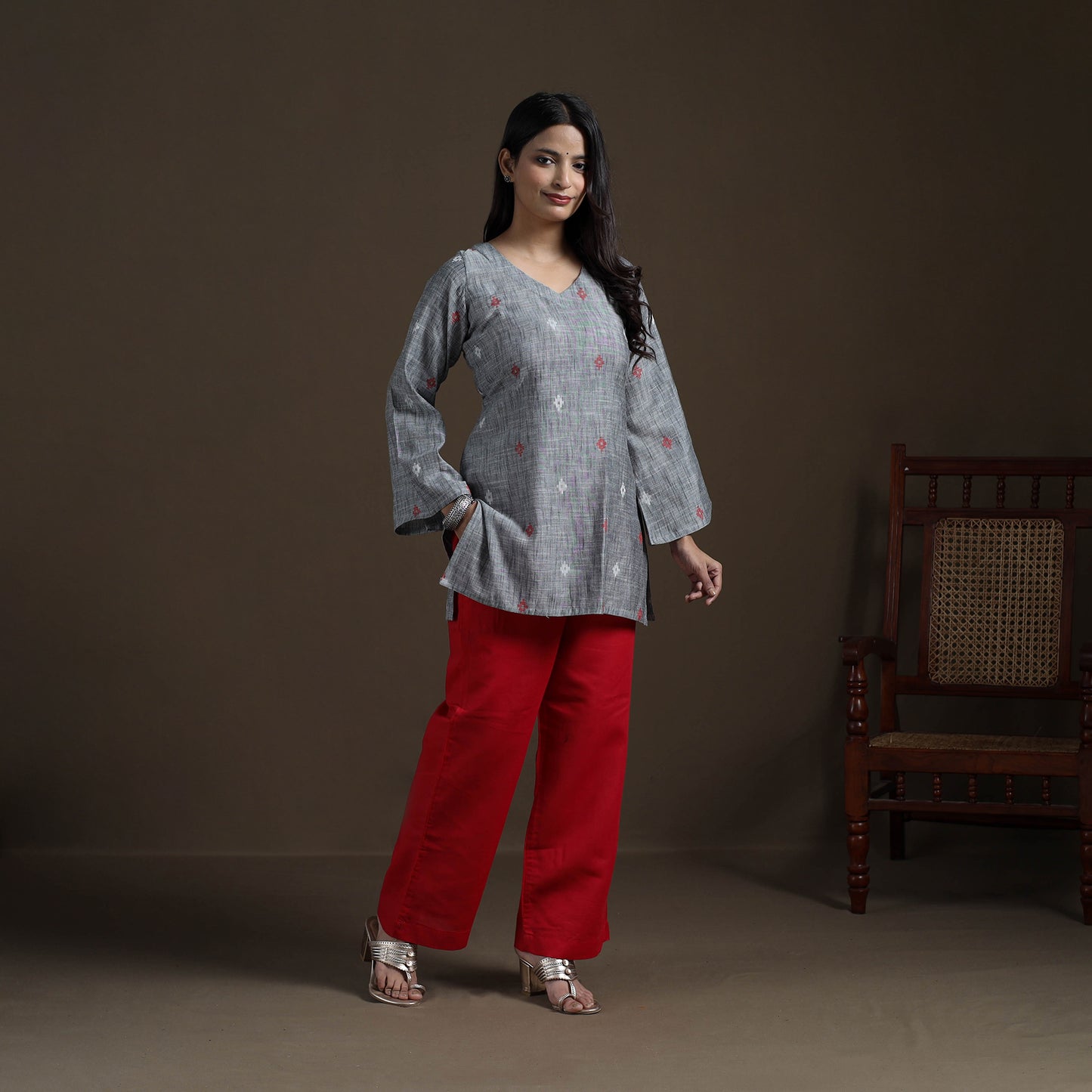 Grey - Cotton Short Jacquard Kurta for Women 11