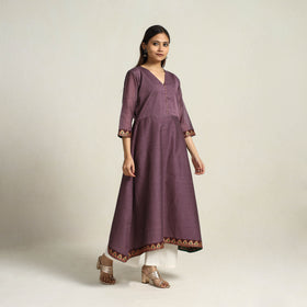 Mauve Purple Thread Border Cotton A-Line Kanchipuram Kurta for Women