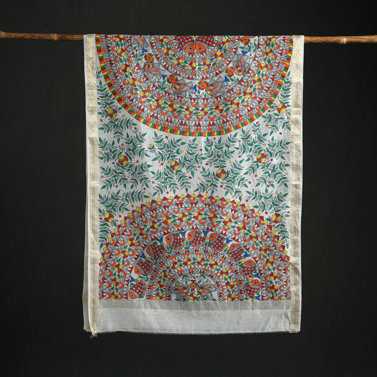 Handloom Chanderi Silk Handpainted Madhubani Dupatta with Zari Border 51
