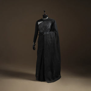 Black - Nazaakat Kota Doria Cotton Plain Saree with Blouse Piece & Earrings 27