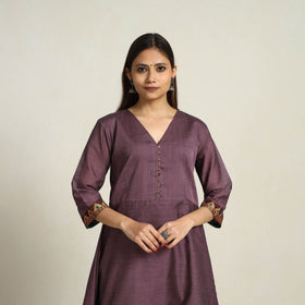 Mauve Purple Thread Border Cotton A-Line Kanchipuram Kurta for Women
