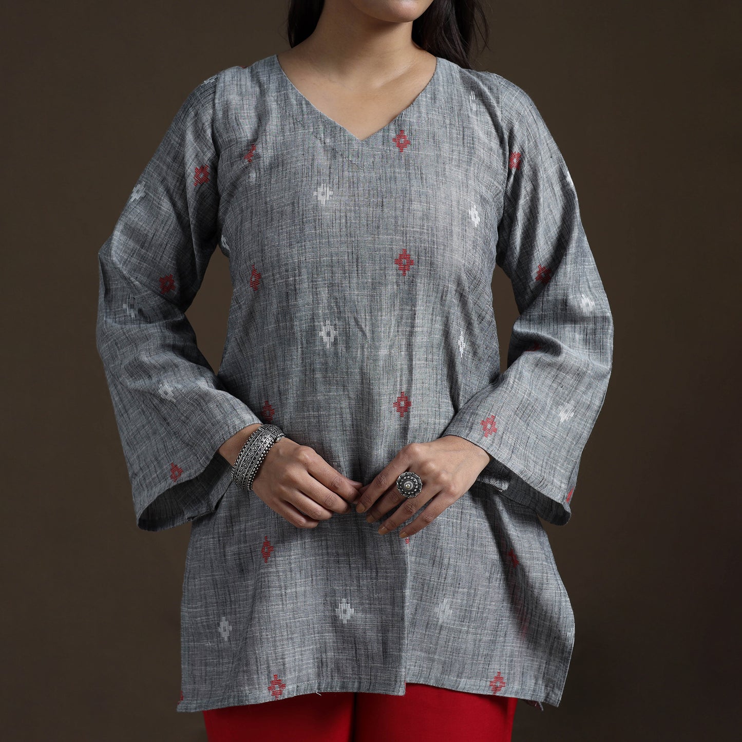 Grey - Cotton Short Jacquard Kurta for Women 11