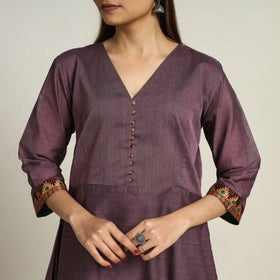 Mauve Purple Thread Border Cotton A-Line Kanchipuram Kurta for Women