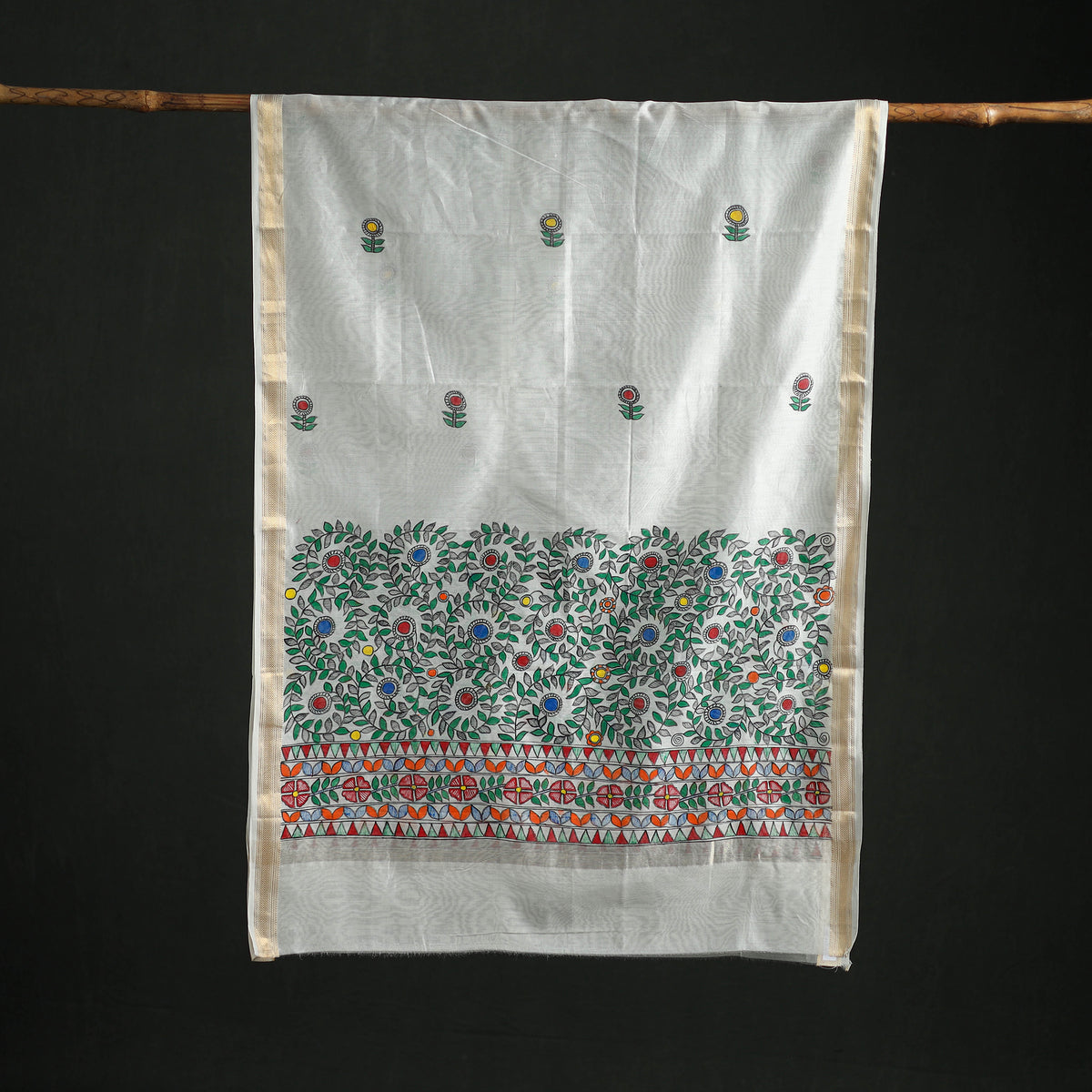 Handloom Chanderi Silk Handpainted Madhubani Dupatta with Zari Border 49