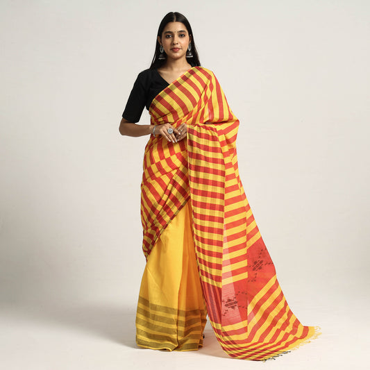 Yellow & Red Mulberry Silk Saree with Single Jaal Pattern on Pallu & Yellow Stripes with Plain Body