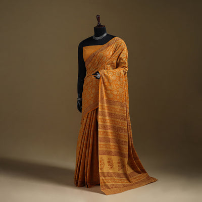 Yellow - Gamthi Hand Block Print Pure Mul Cotton Saree with Blouse Piece 05