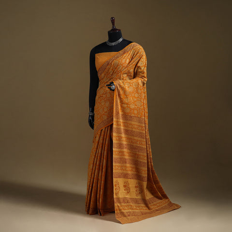 Yellow - Gamthi Hand Block Print Pure Mul Cotton Saree with Blouse Piece 05