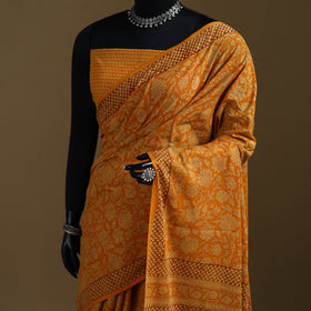 Yellow - Gamthi Hand Block Print Pure Mul Cotton Saree with Blouse Piece 05
