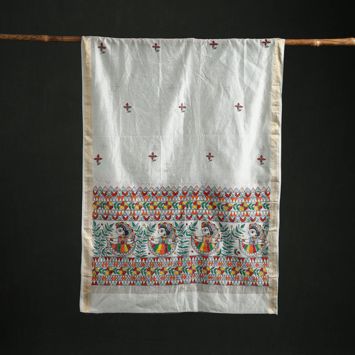 Handloom Chanderi Silk Handpainted Madhubani Dupatta with Zari Border 46