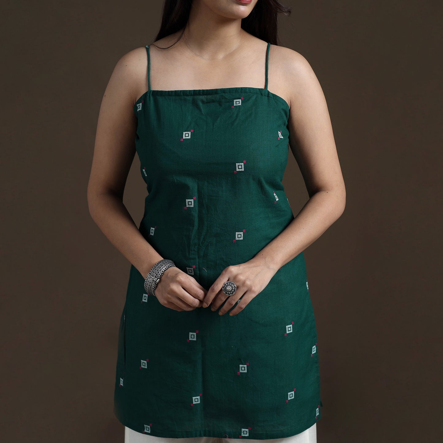 Green - Cotton Short Jacquard Kurta for Women 01