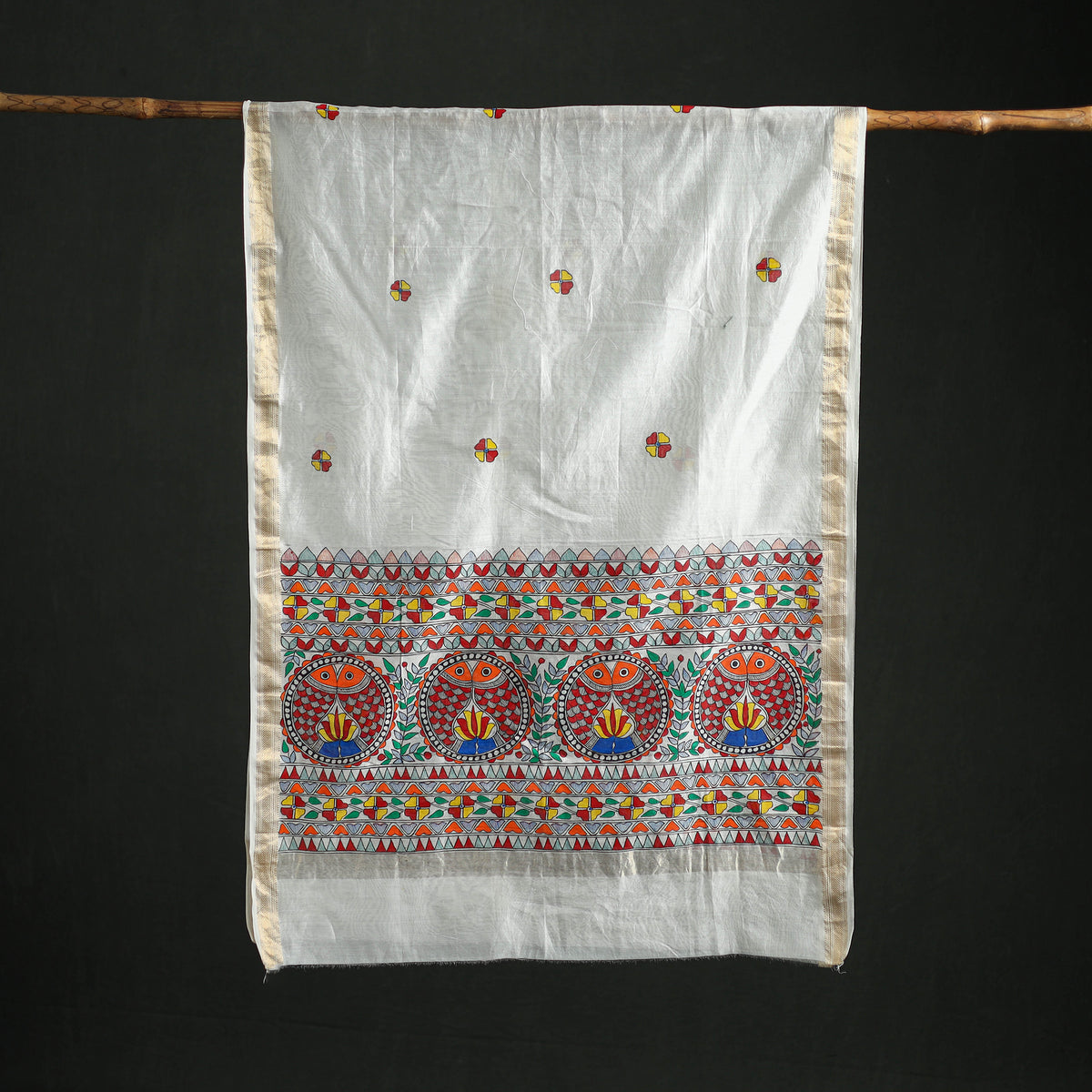 Handloom Chanderi Silk Handpainted Madhubani Dupatta with Zari Border 44