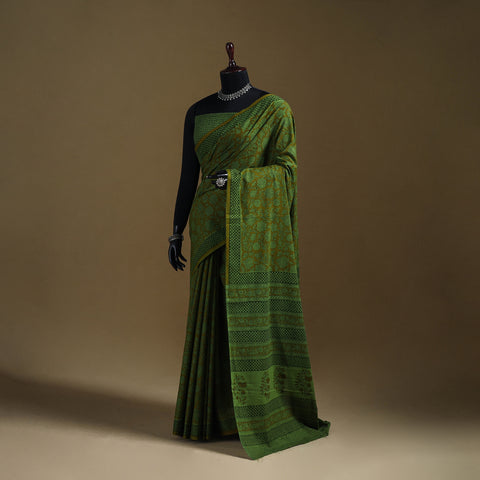 Green - Gamthi Hand Block Print Pure Mul Cotton Saree with Blouse Piece 06