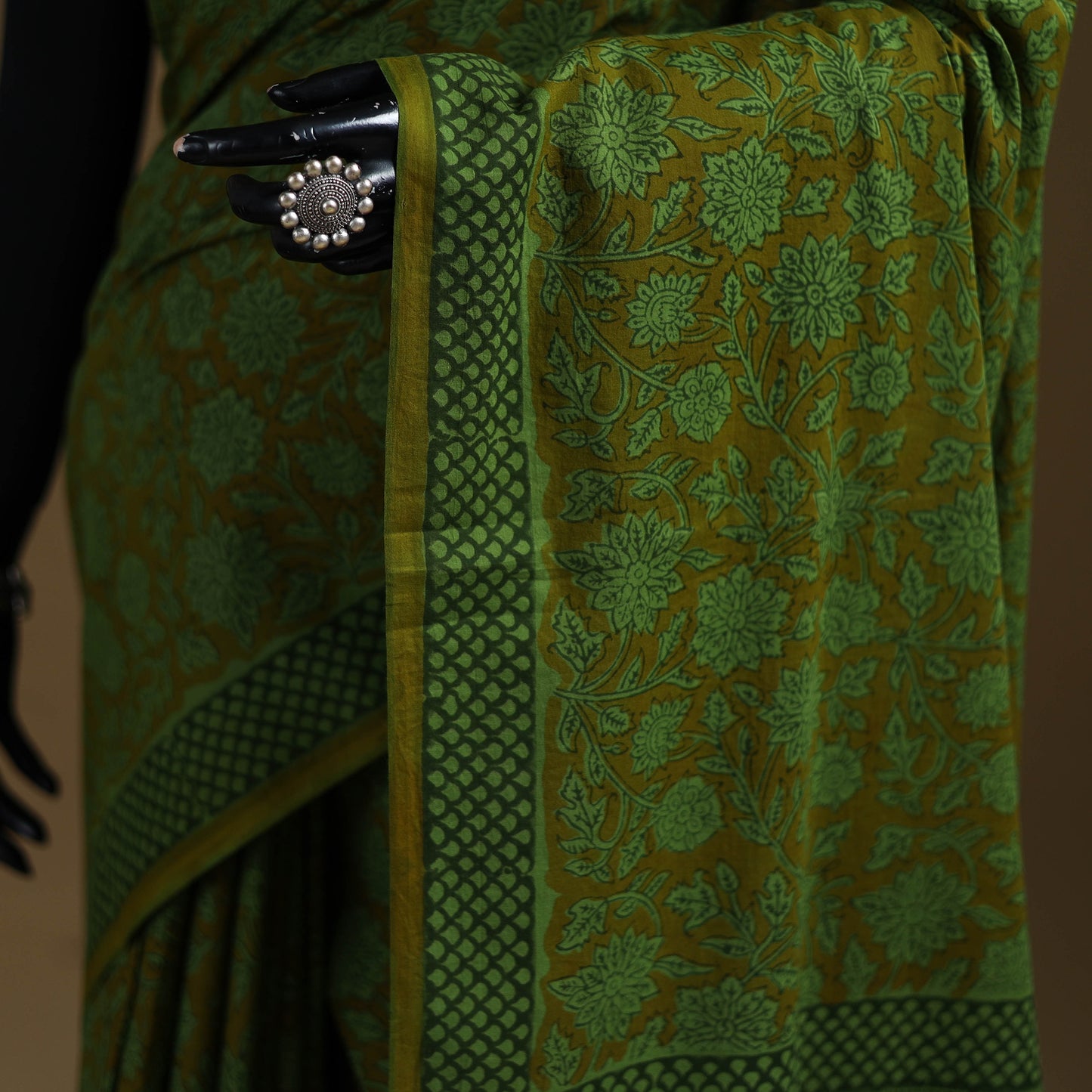 Green - Gamthi Hand Block Print Pure Mul Cotton Saree with Blouse Piece 06